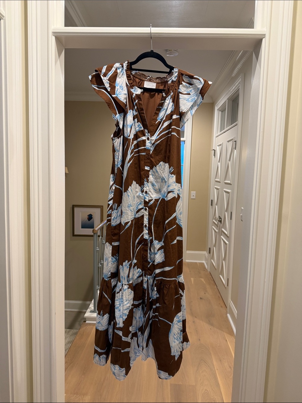 Sugarlips brown Floral Button-Front Maxi Dress with Blue Print(bw)